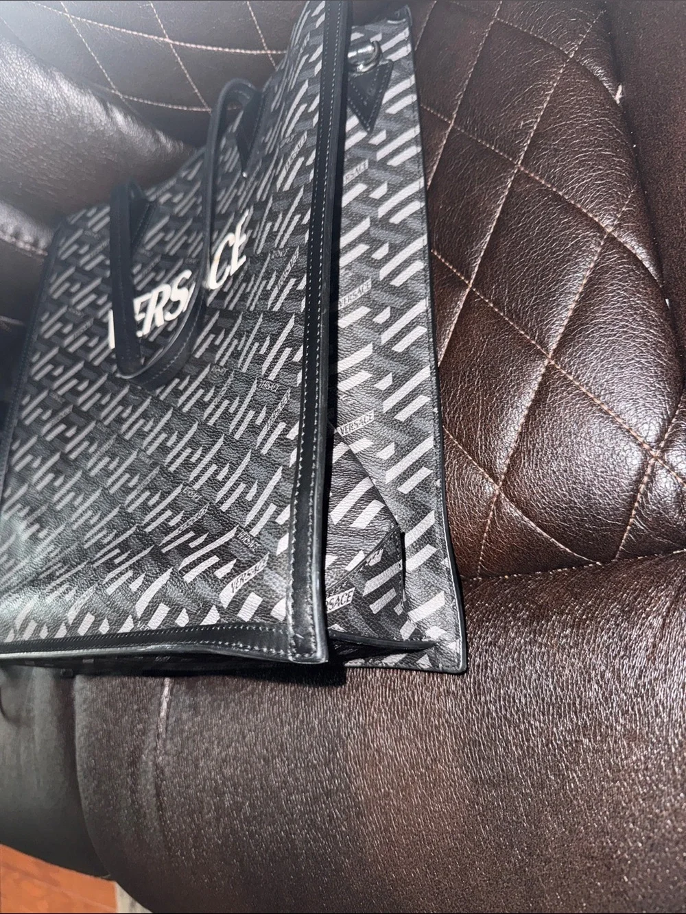 Versace Black and Gray Patterned Messenger Tote with Gold Logo